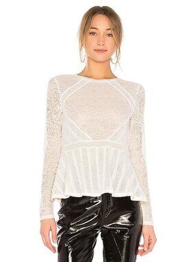 BCBGMAXAZRIA Capri Lace Peplum Top White Blouse Long Sleeve EUC Size S‎ Coquette